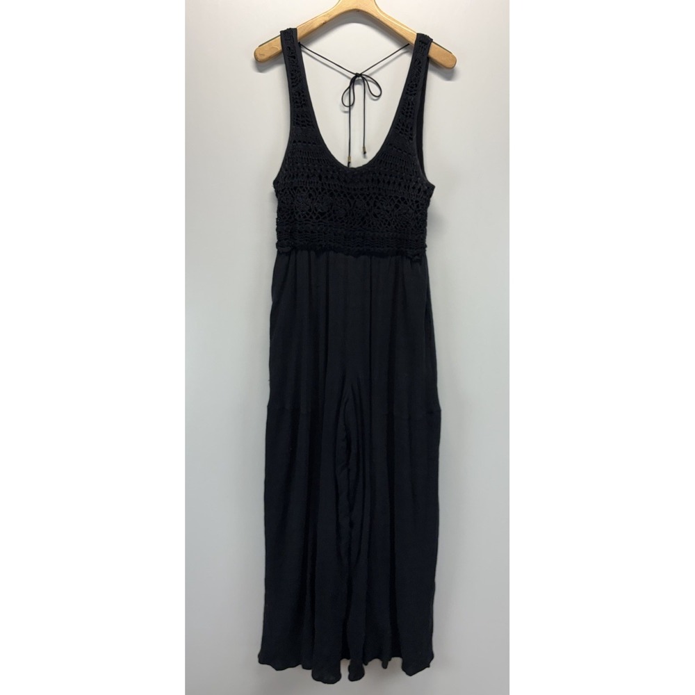 Free People Solely One Pice Jumpsuit Romper Women's L Black Wide Leg Crochet Top